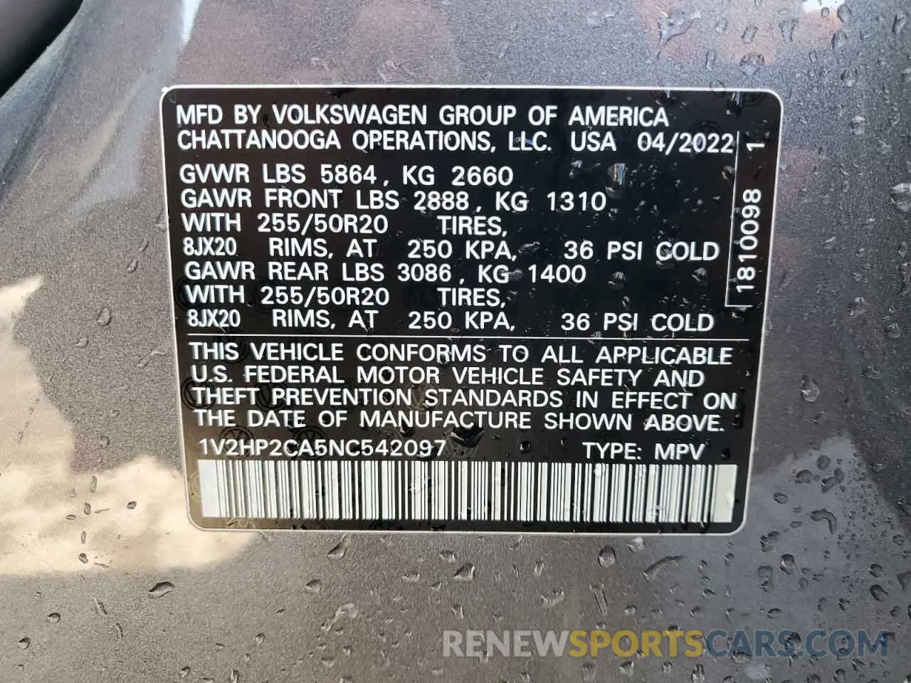 14 Photograph of a damaged car 1V2HP2CA5NC542097 VOLKSWAGEN ATLAS 2022