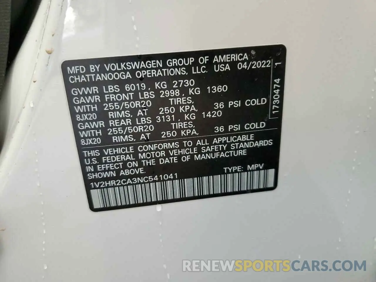 13 Photograph of a damaged car 1V2HR2CA3NC541041 VOLKSWAGEN ATLAS 2022