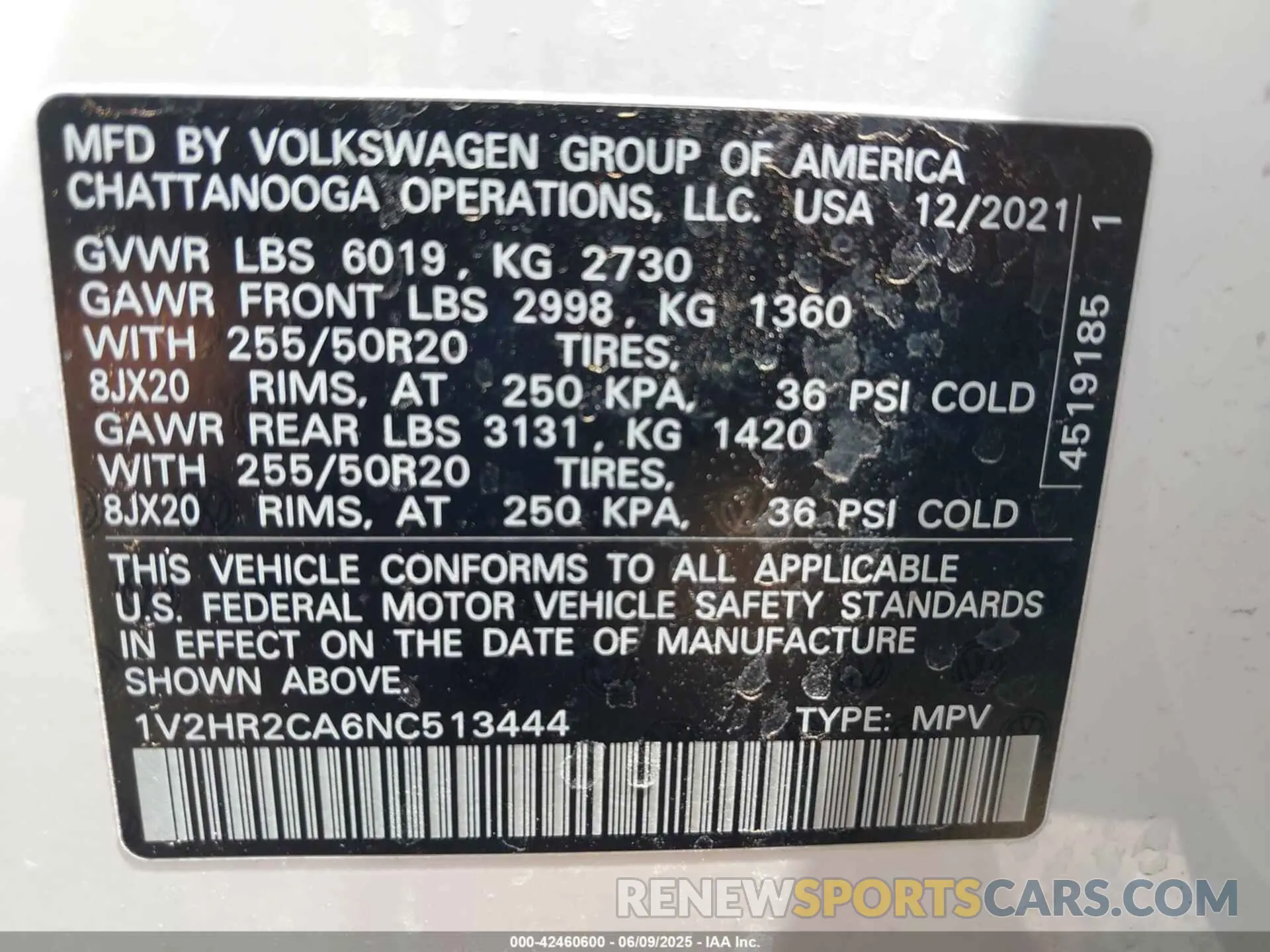 9 Photograph of a damaged car 1V2HR2CA6NC513444 VOLKSWAGEN ATLAS 2022