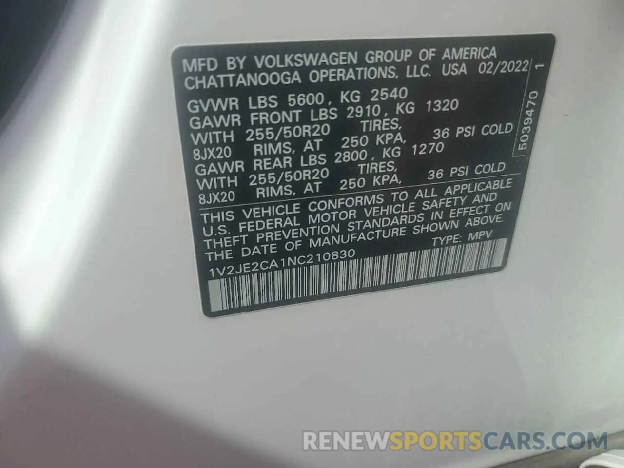 13 Photograph of a damaged car 1V2JE2CA1NC210830 VOLKSWAGEN ATLAS 2022