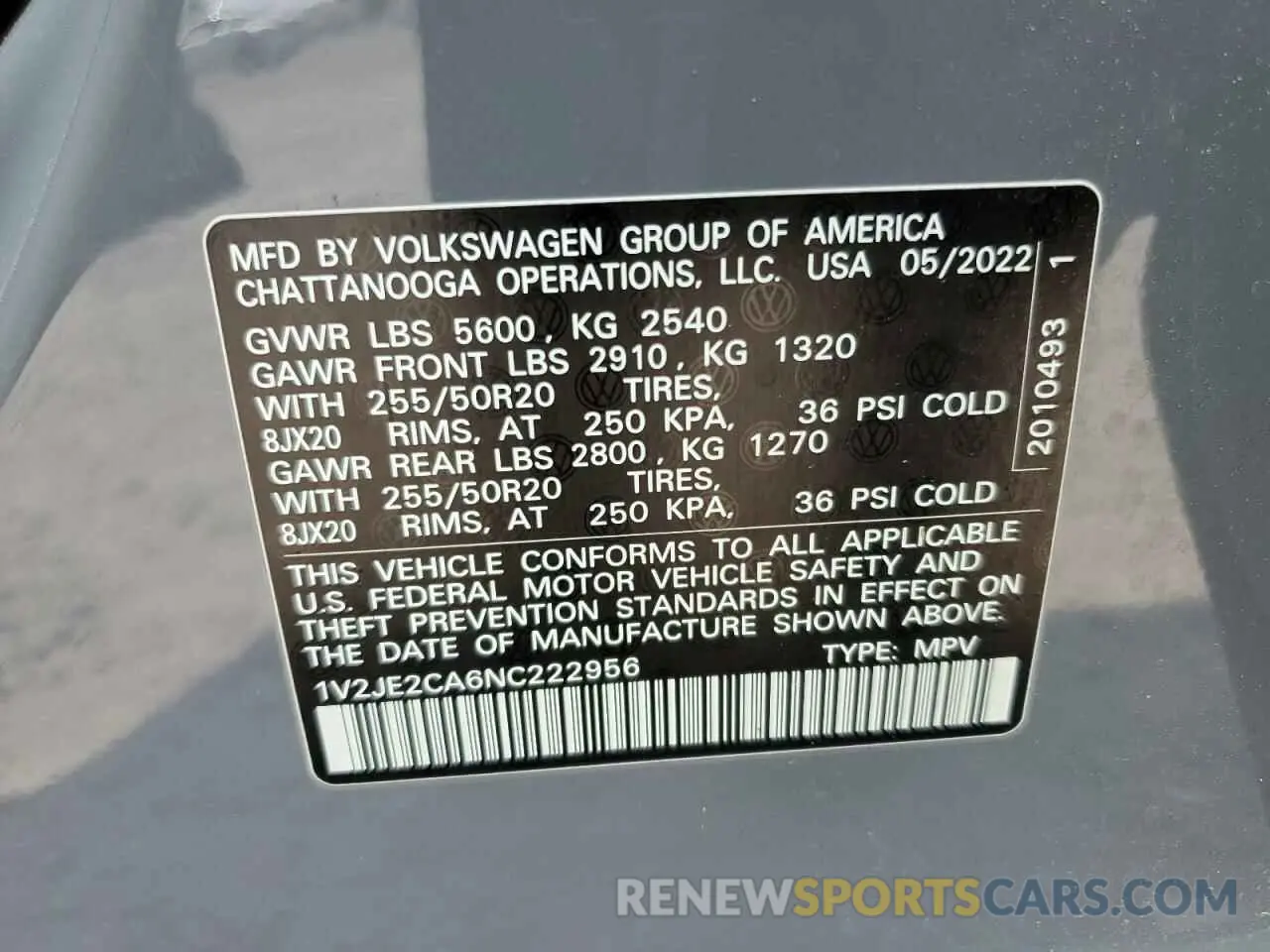 13 Photograph of a damaged car 1V2JE2CA6NC222956 VOLKSWAGEN ATLAS 2022