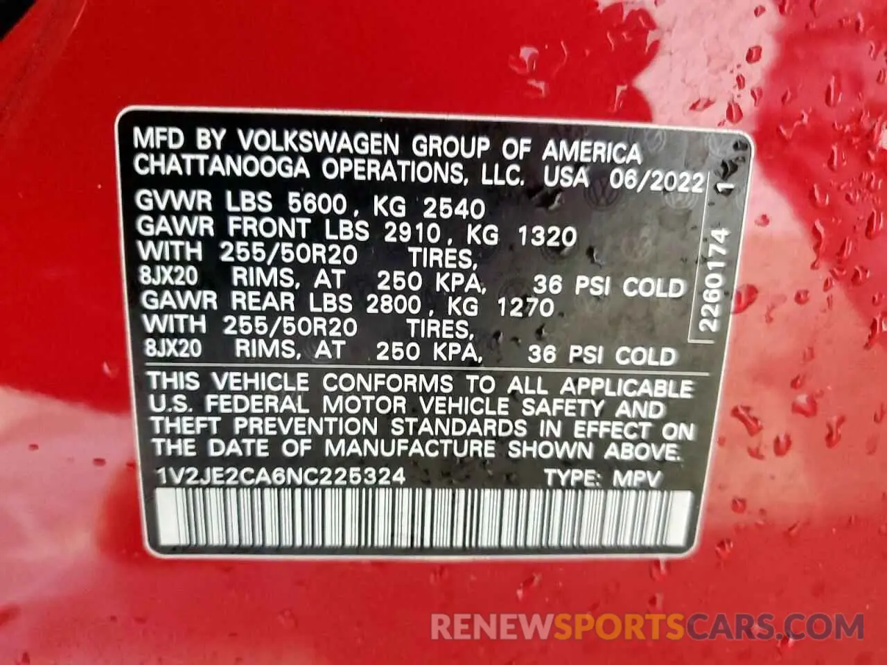 13 Photograph of a damaged car 1V2JE2CA6NC225324 VOLKSWAGEN ATLAS 2022