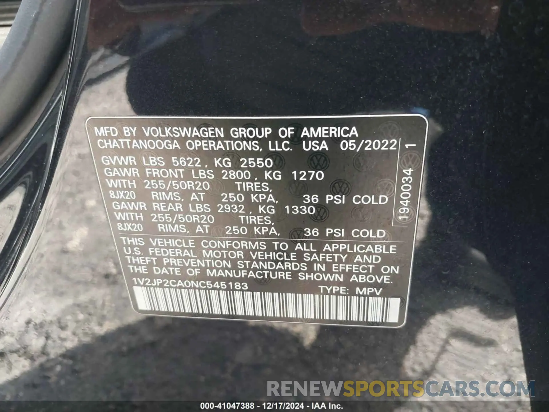 9 Photograph of a damaged car 1V2JP2CA0NC545183 VOLKSWAGEN ATLAS 2022