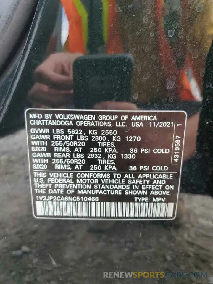 14 Photograph of a damaged car 1V2JP2CA6NC510468 VOLKSWAGEN ATLAS 2022