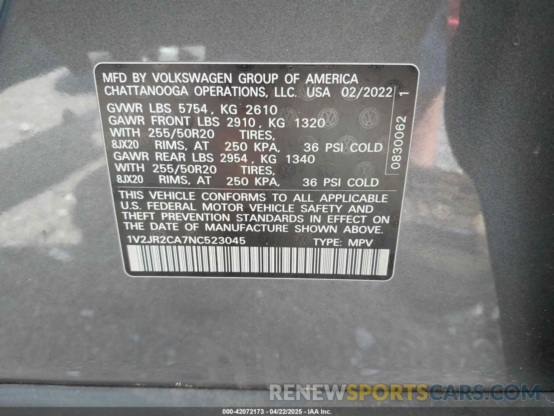 9 Photograph of a damaged car 1V2JR2CA7NC523045 VOLKSWAGEN ATLAS 2022