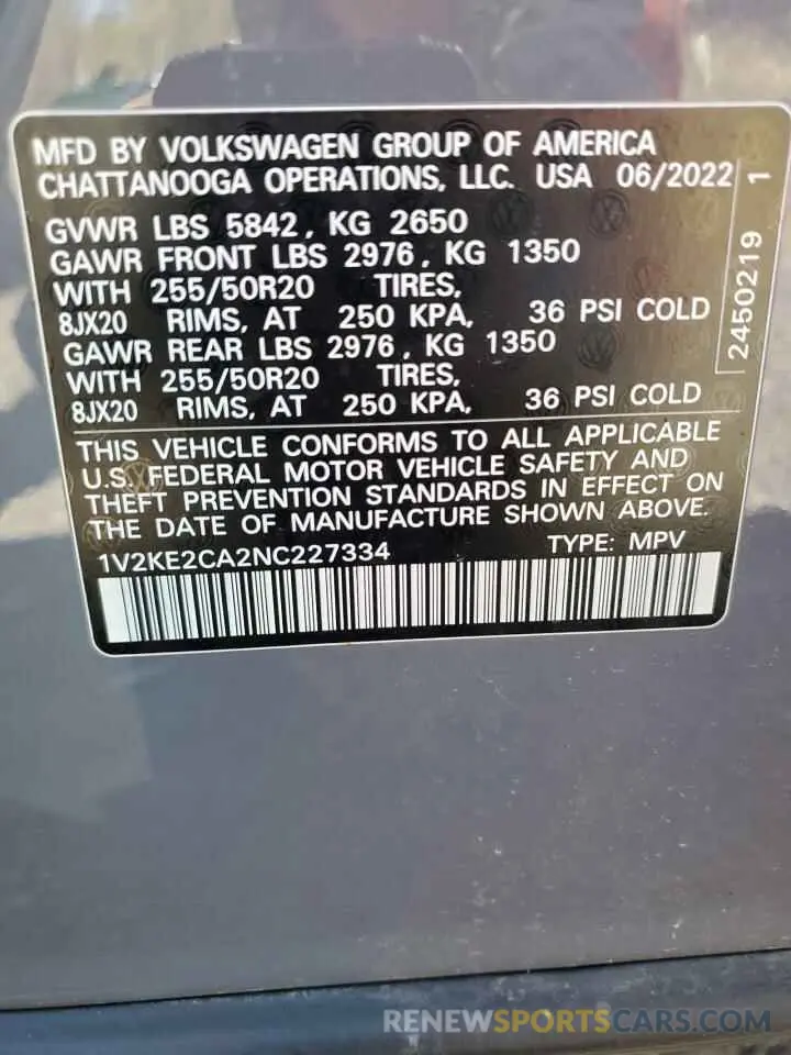 13 Photograph of a damaged car 1V2KE2CA2NC227334 VOLKSWAGEN ATLAS 2022