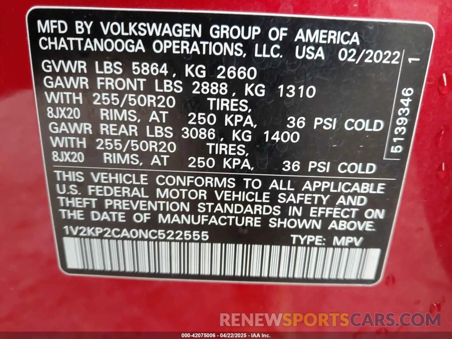 9 Photograph of a damaged car 1V2KP2CA0NC522555 VOLKSWAGEN ATLAS 2022