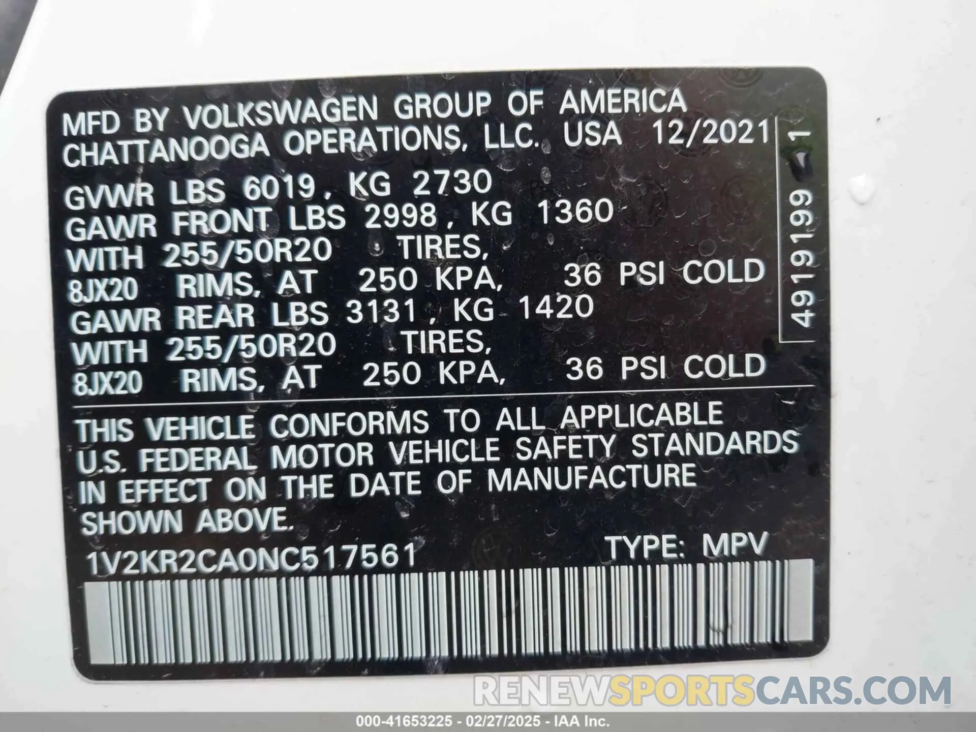 9 Photograph of a damaged car 1V2KR2CA0NC517561 VOLKSWAGEN ATLAS 2022