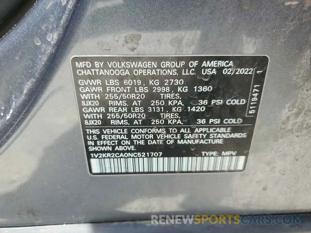 13 Photograph of a damaged car 1V2KR2CA0NC521707 VOLKSWAGEN ATLAS 2022