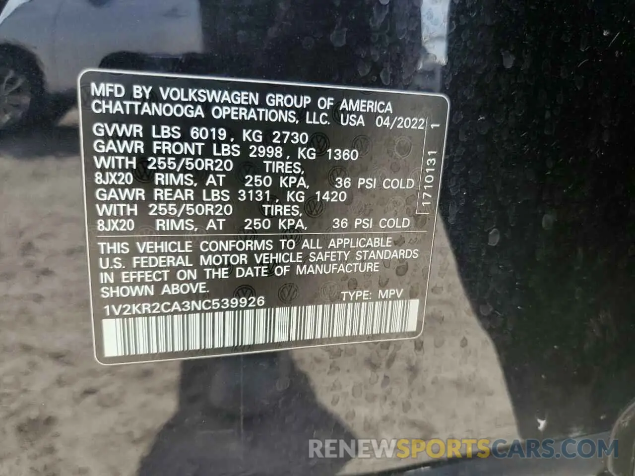 13 Photograph of a damaged car 1V2KR2CA3NC539926 VOLKSWAGEN ATLAS 2022