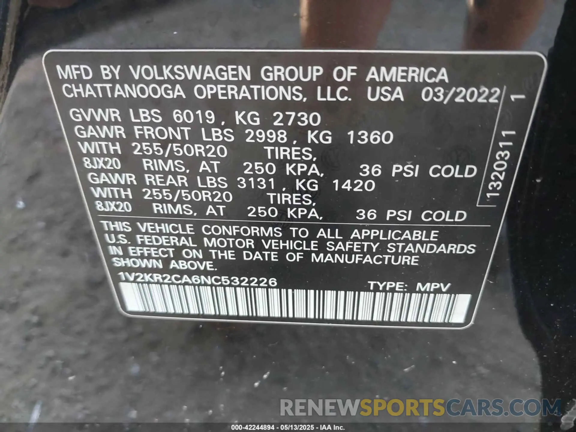9 Photograph of a damaged car 1V2KR2CA6NC532226 VOLKSWAGEN ATLAS 2022
