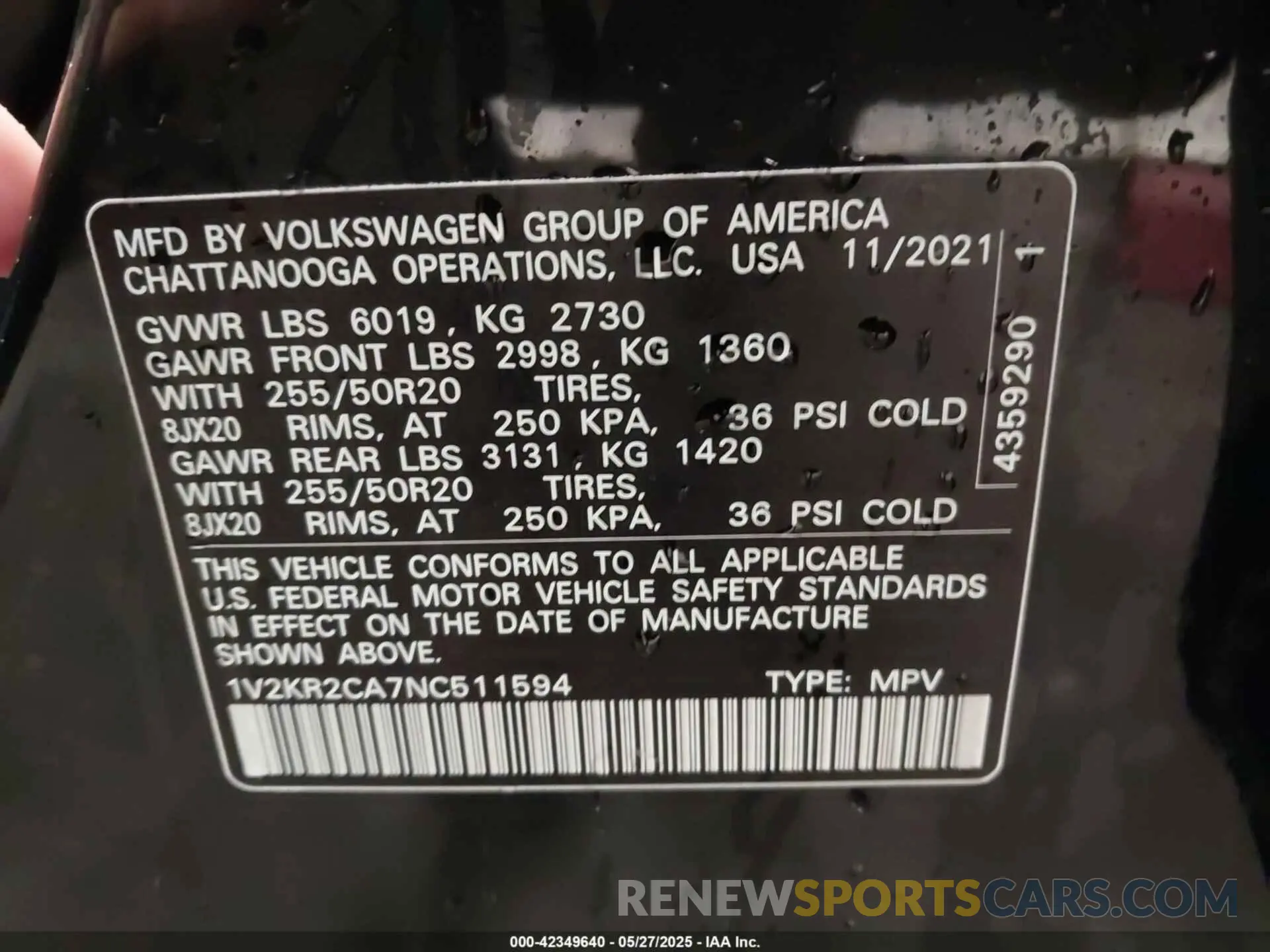 9 Photograph of a damaged car 1V2KR2CA7NC511594 VOLKSWAGEN ATLAS 2022