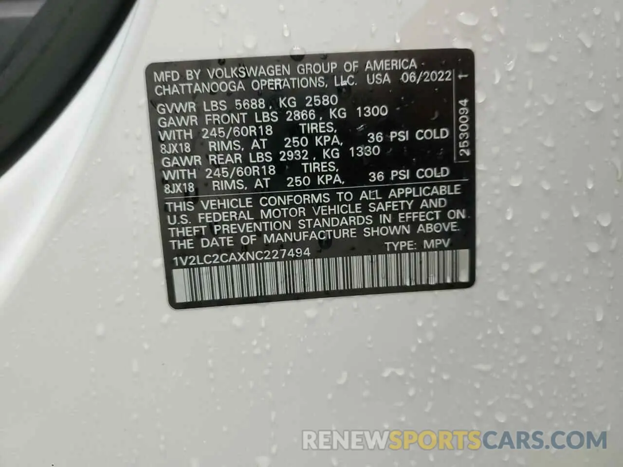 13 Photograph of a damaged car 1V2LC2CAXNC227494 VOLKSWAGEN ATLAS 2022