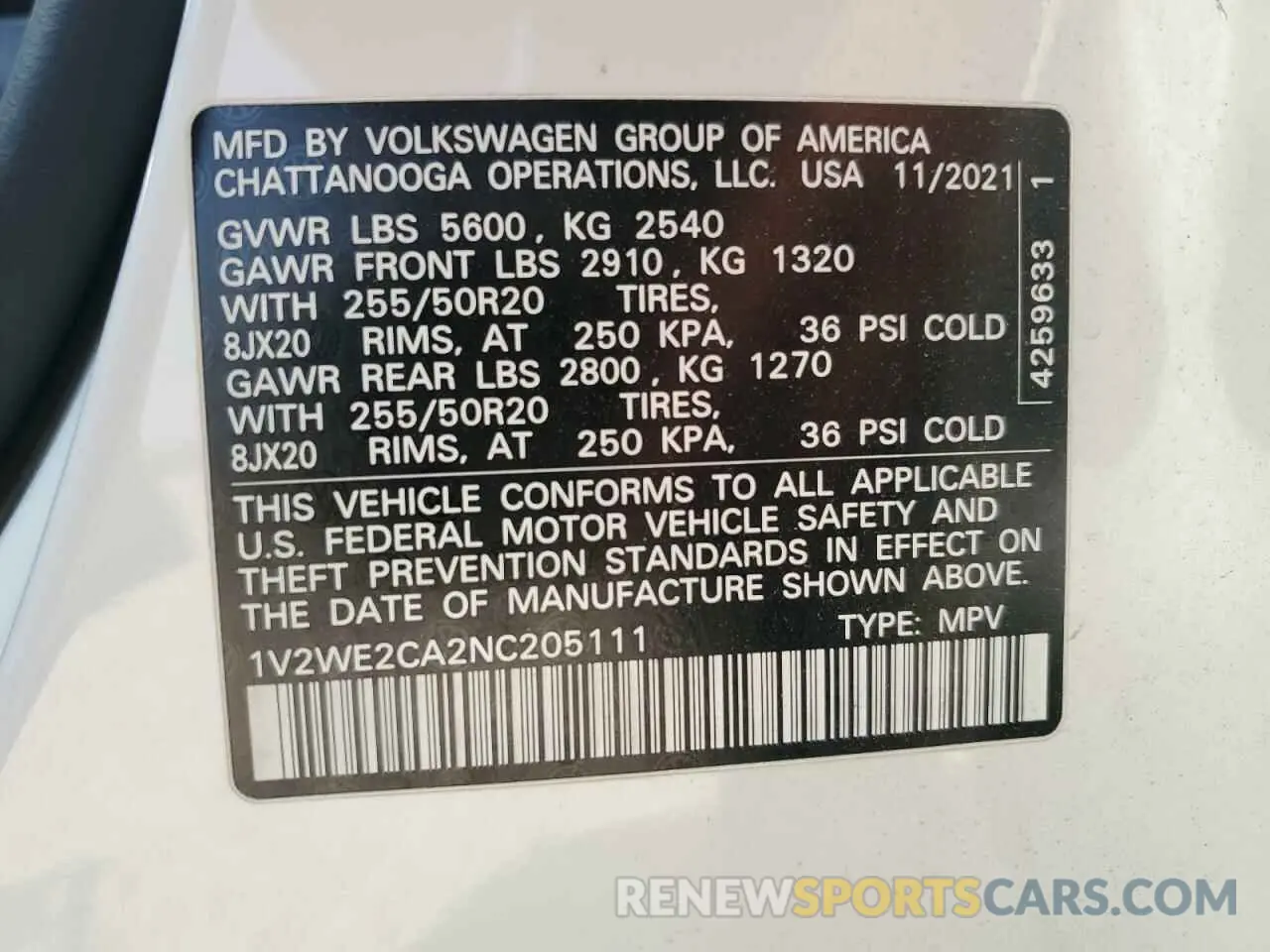 13 Photograph of a damaged car 1V2WE2CA2NC205111 VOLKSWAGEN ATLAS 2022