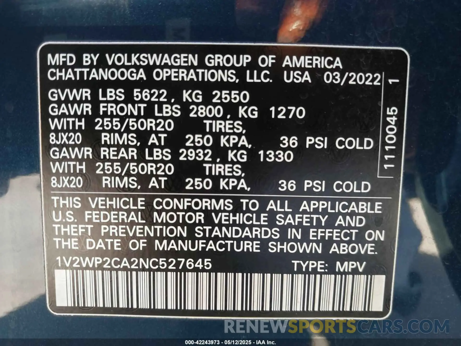 9 Photograph of a damaged car 1V2WP2CA2NC527645 VOLKSWAGEN ATLAS 2022