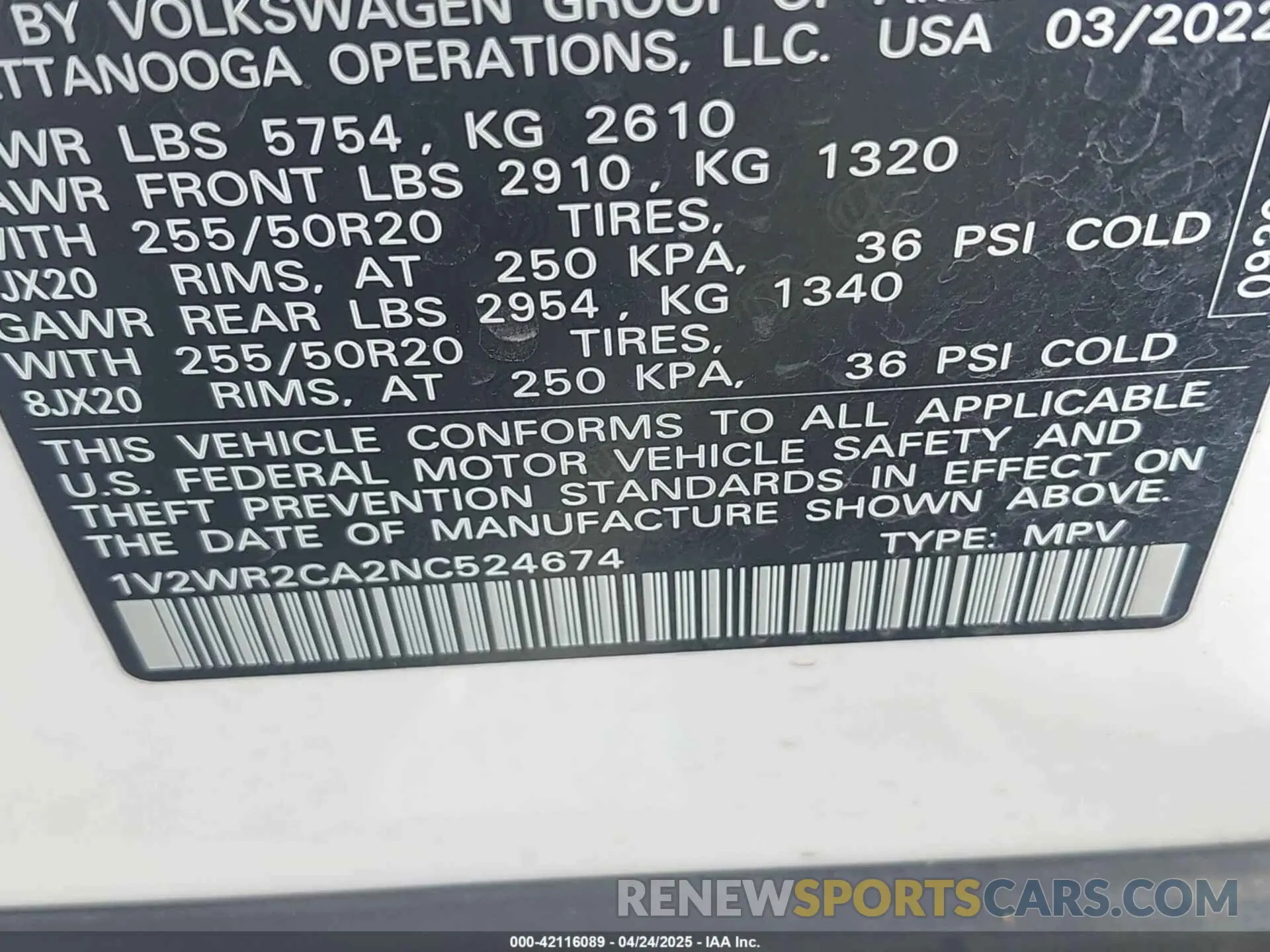 9 Photograph of a damaged car 1V2WR2CA2NC524674 VOLKSWAGEN ATLAS 2022