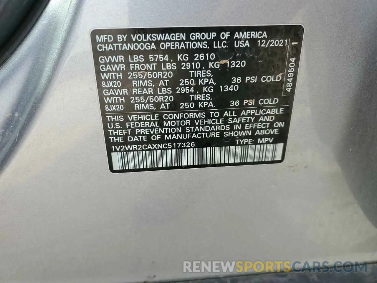 13 Photograph of a damaged car 1V2WR2CAXNC517326 VOLKSWAGEN ATLAS 2022