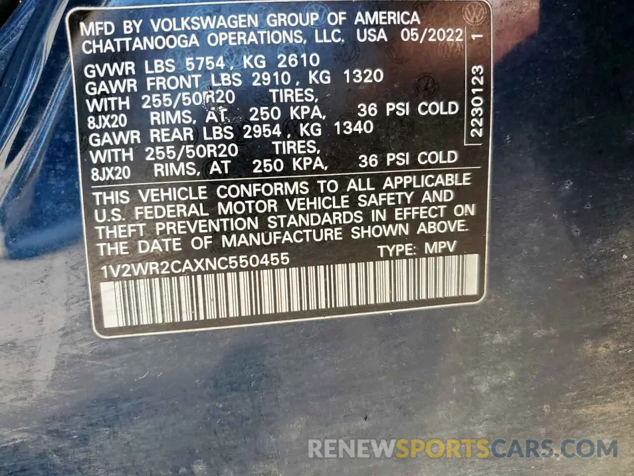 13 Photograph of a damaged car 1V2WR2CAXNC550455 VOLKSWAGEN ATLAS 2022