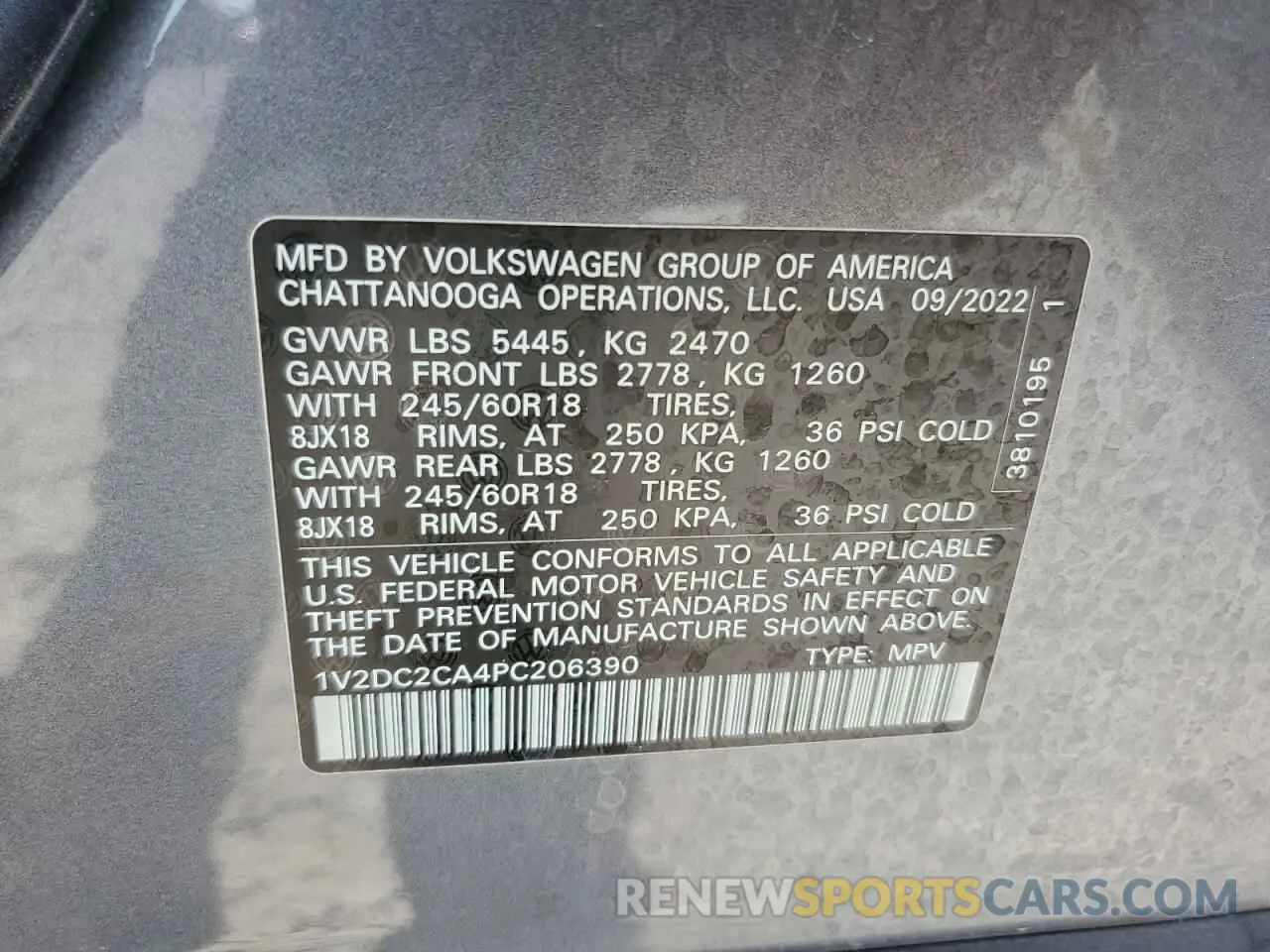 14 Photograph of a damaged car 1V2DC2CA4PC206390 VOLKSWAGEN ATLAS 2023