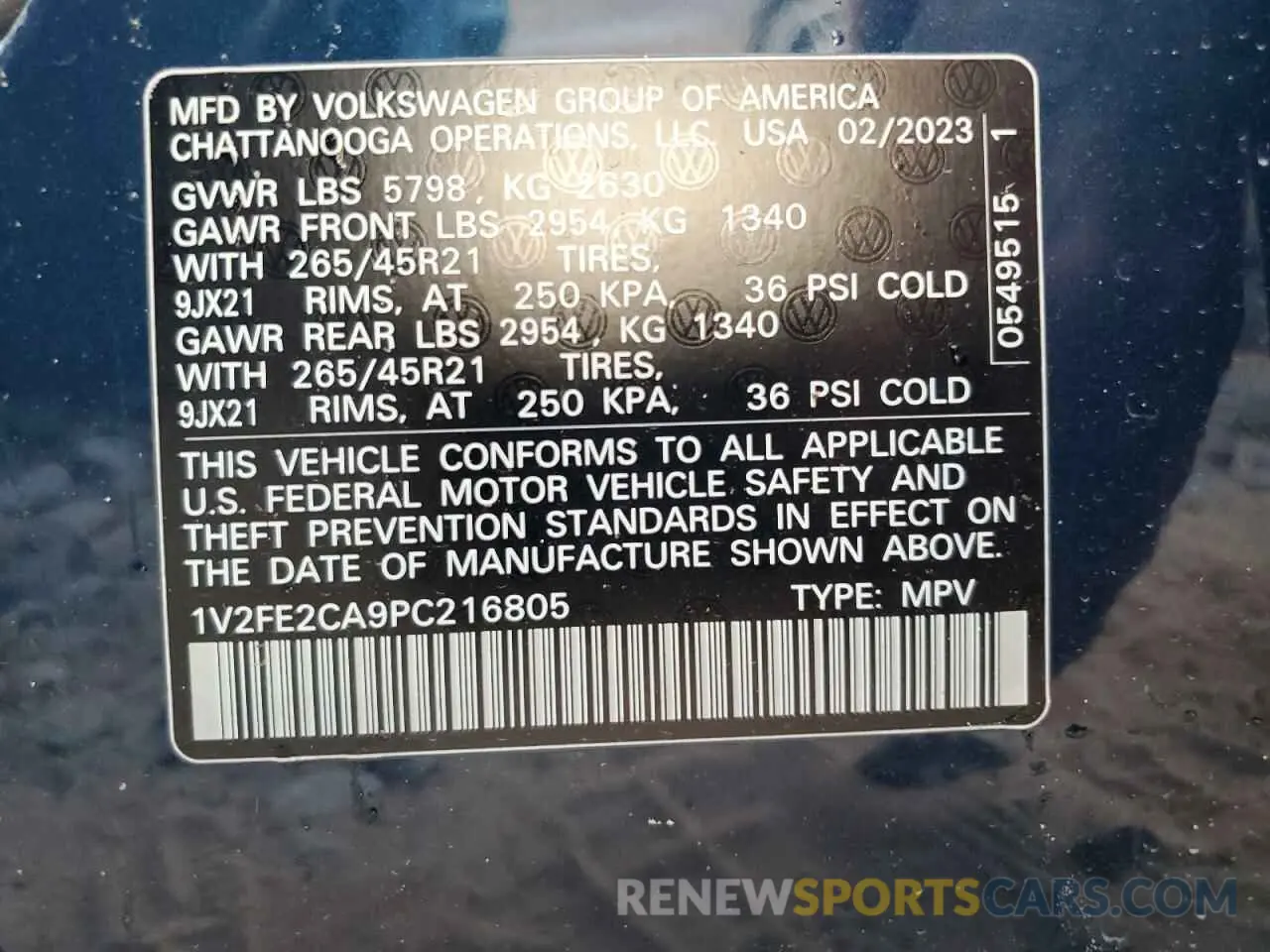 13 Photograph of a damaged car 1V2FE2CA9PC216805 VOLKSWAGEN ATLAS 2023