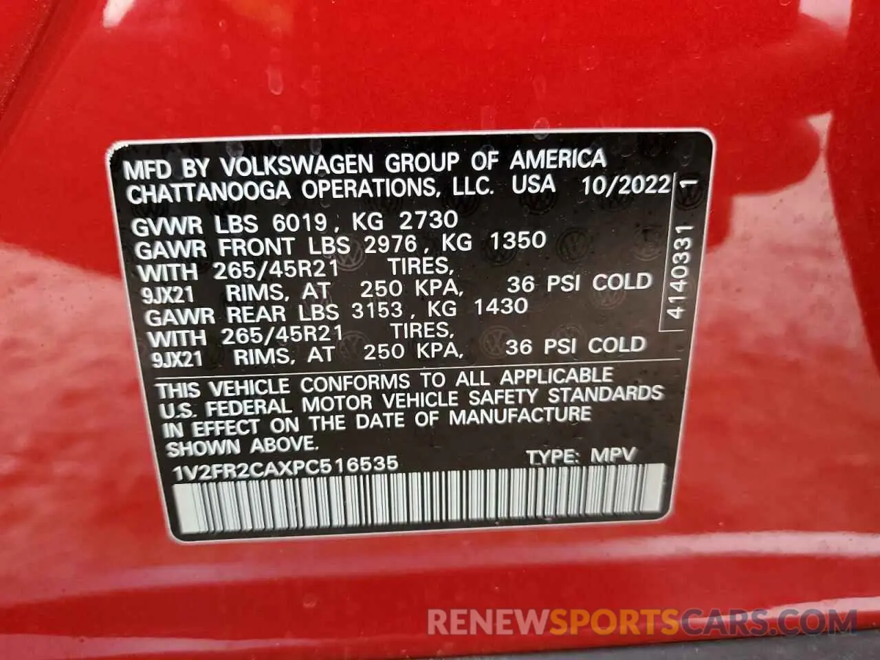 14 Photograph of a damaged car 1V2FR2CAXPC516535 VOLKSWAGEN ATLAS 2023