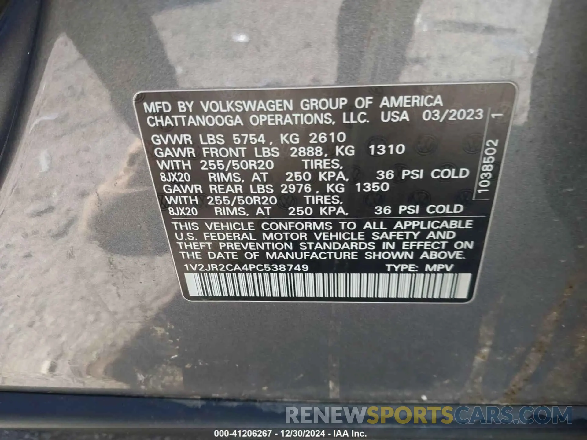9 Photograph of a damaged car 1V2JR2CA4PC538749 VOLKSWAGEN ATLAS 2023