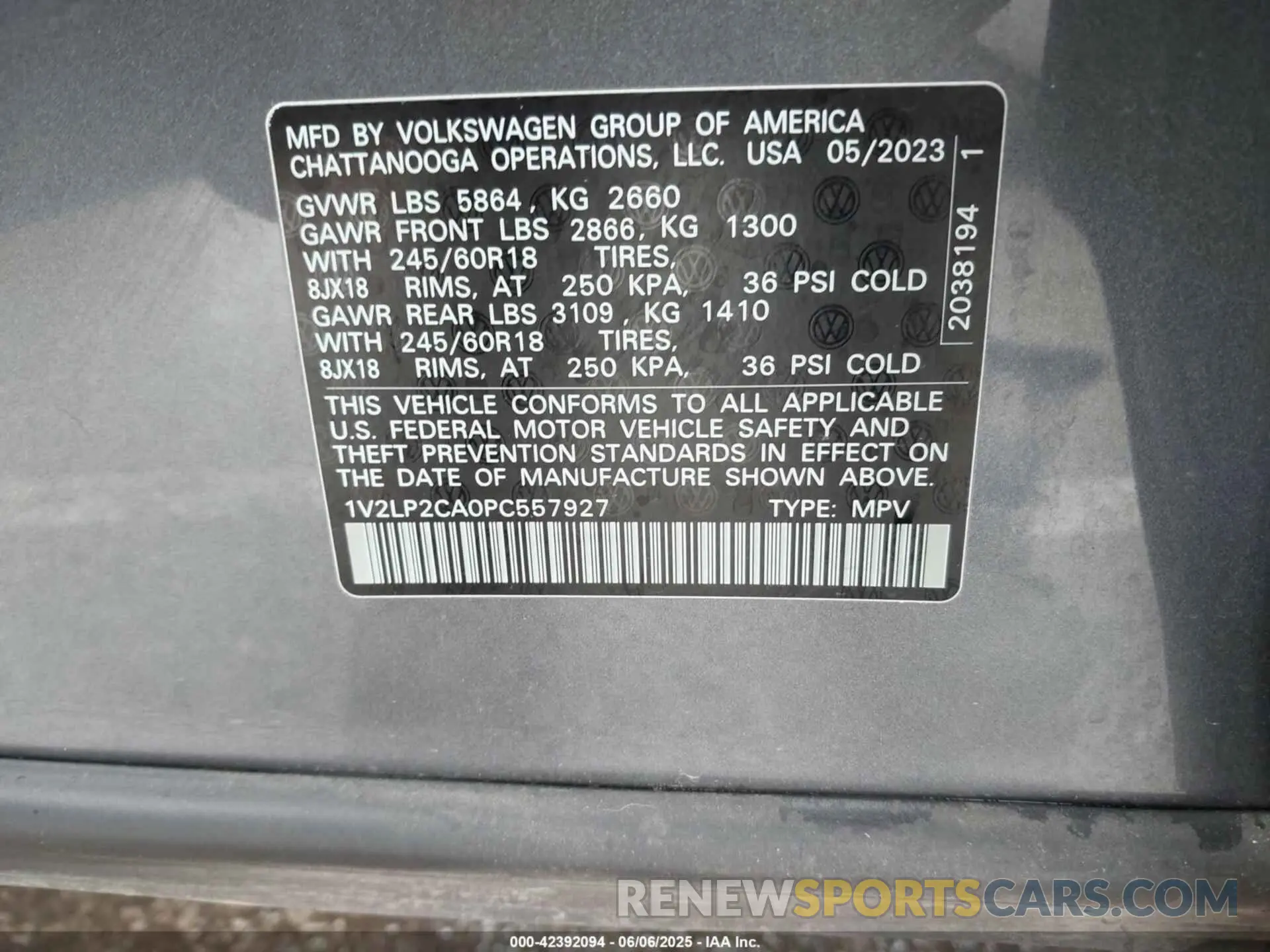 9 Photograph of a damaged car 1V2LP2CA0PC557927 VOLKSWAGEN ATLAS 2023