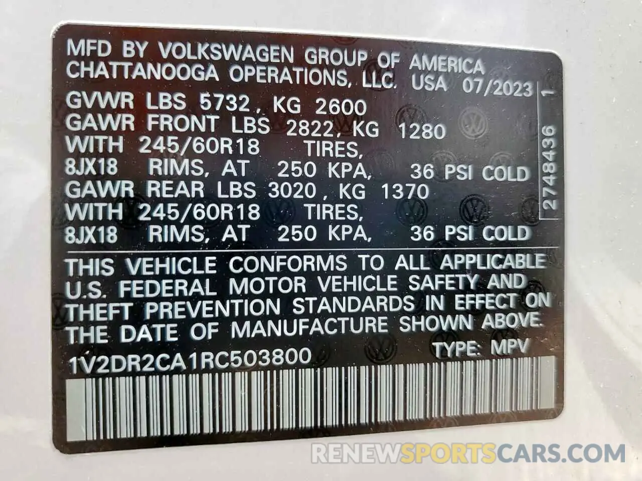 14 Photograph of a damaged car 1V2DR2CA1RC503800 VOLKSWAGEN ATLAS 2024