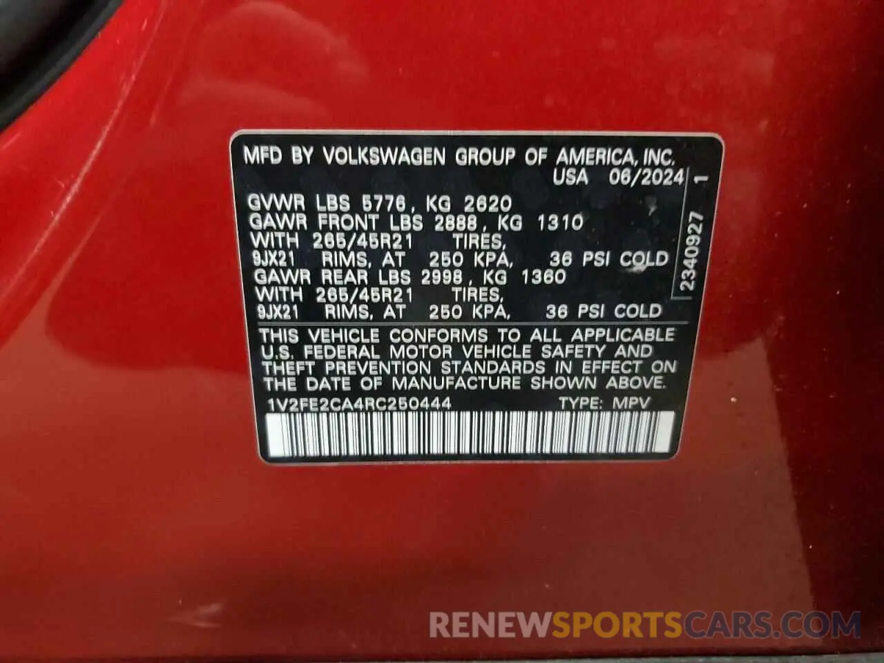 13 Photograph of a damaged car 1V2FE2CA4RC250444 VOLKSWAGEN ATLAS 2024
