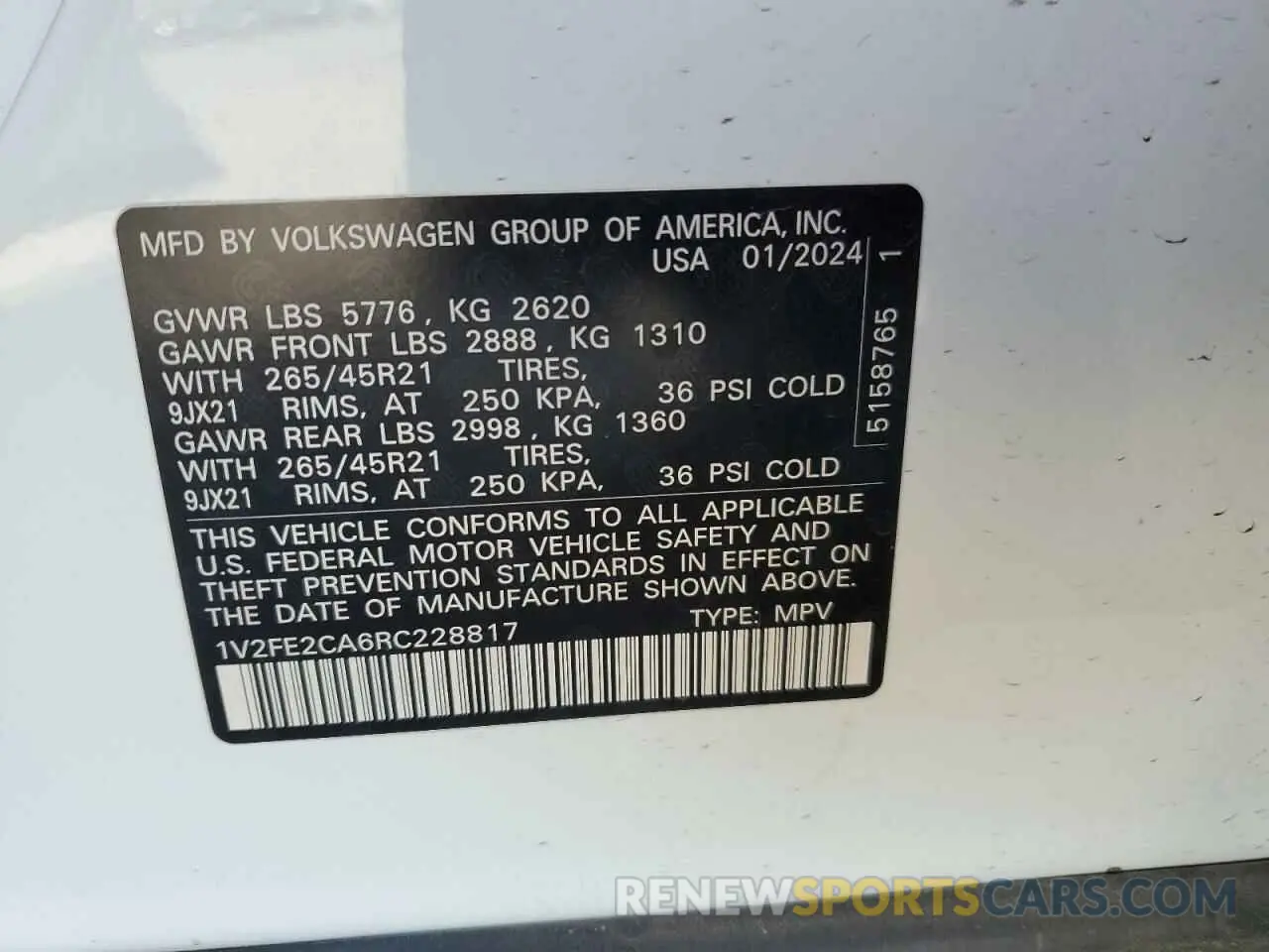 13 Photograph of a damaged car 1V2FE2CA6RC228817 VOLKSWAGEN ATLAS 2024