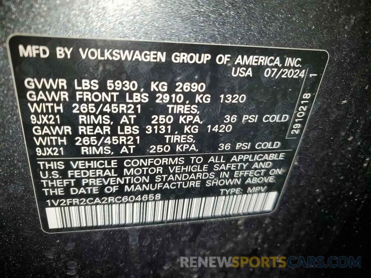 14 Photograph of a damaged car 1V2FR2CA2RC604658 VOLKSWAGEN ATLAS 2024