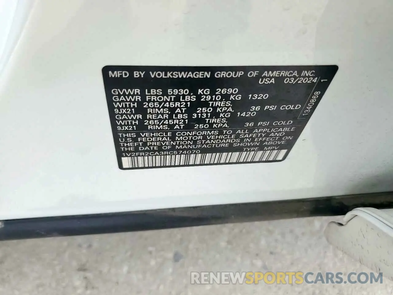 12 Photograph of a damaged car 1V2FR2CA3RC574070 VOLKSWAGEN ATLAS 2024