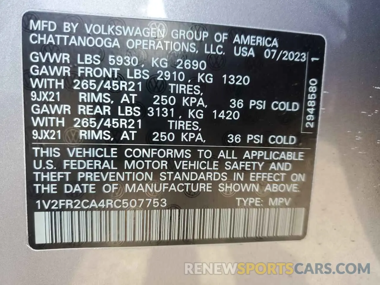 13 Photograph of a damaged car 1V2FR2CA4RC507753 VOLKSWAGEN ATLAS 2024