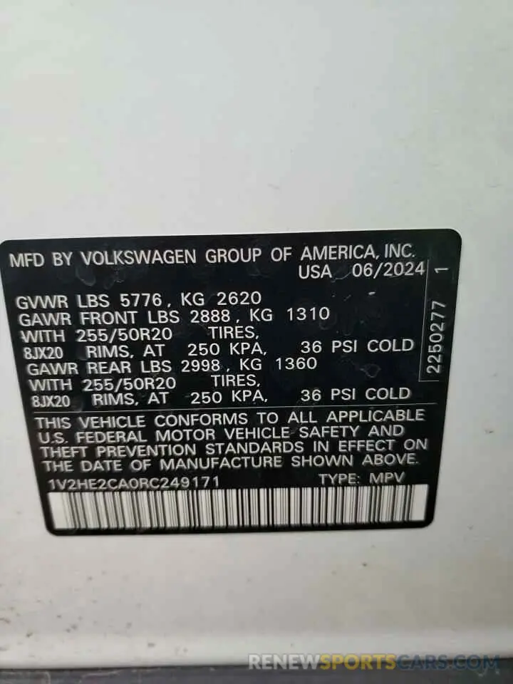 13 Photograph of a damaged car 1V2HE2CA0RC249171 VOLKSWAGEN ATLAS 2024