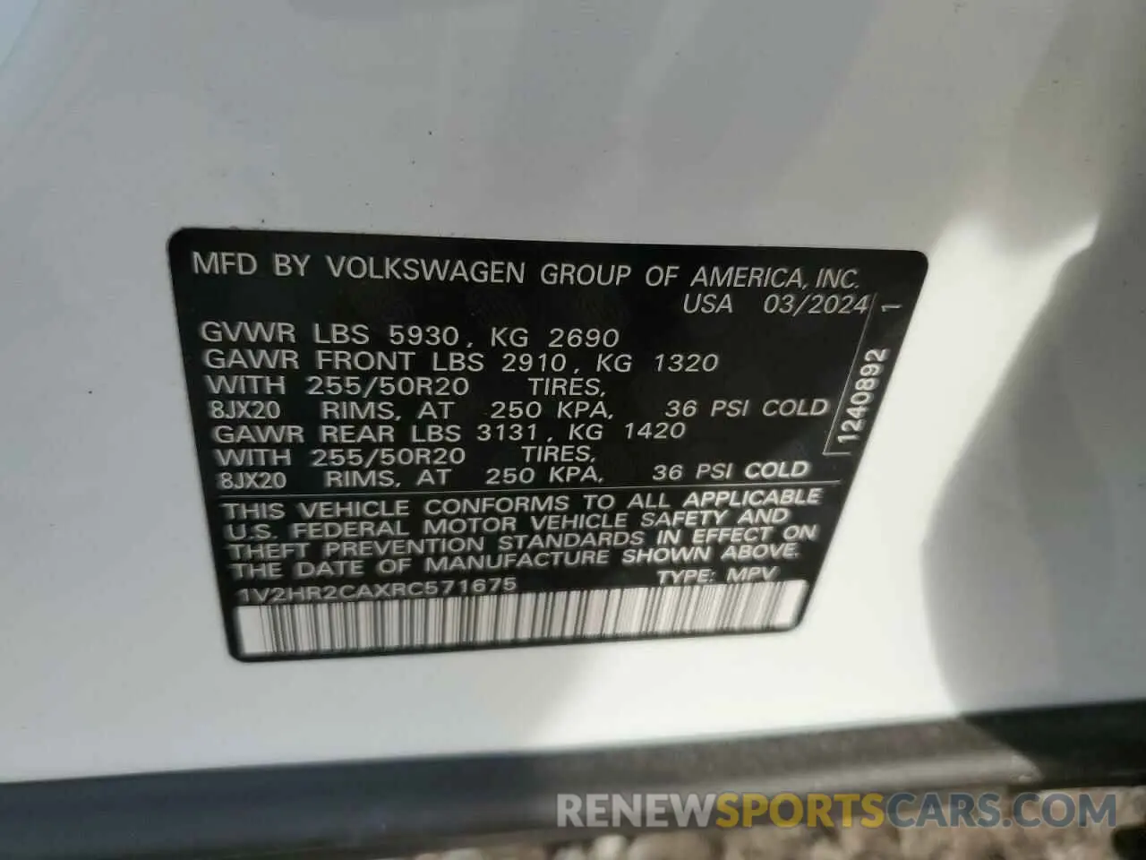 13 Photograph of a damaged car 1V2HR2CAXRC571675 VOLKSWAGEN ATLAS 2024