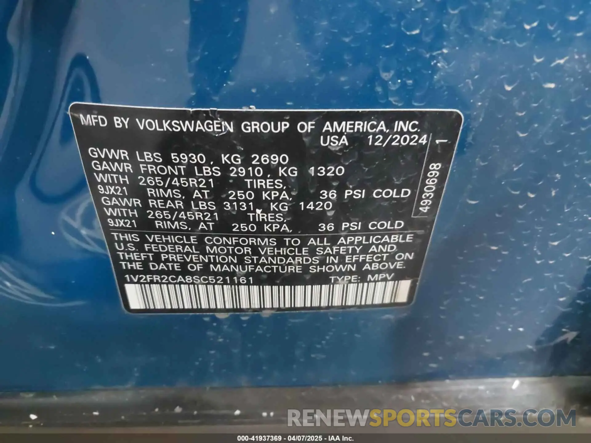 9 Photograph of a damaged car 1V2FR2CA8SC521161 VOLKSWAGEN ATLAS 2025