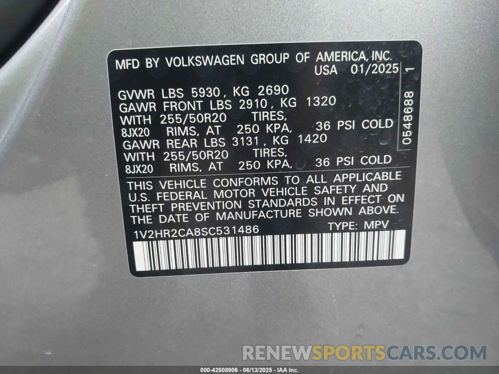9 Photograph of a damaged car 1V2HR2CA8SC531486 VOLKSWAGEN ATLAS 2025