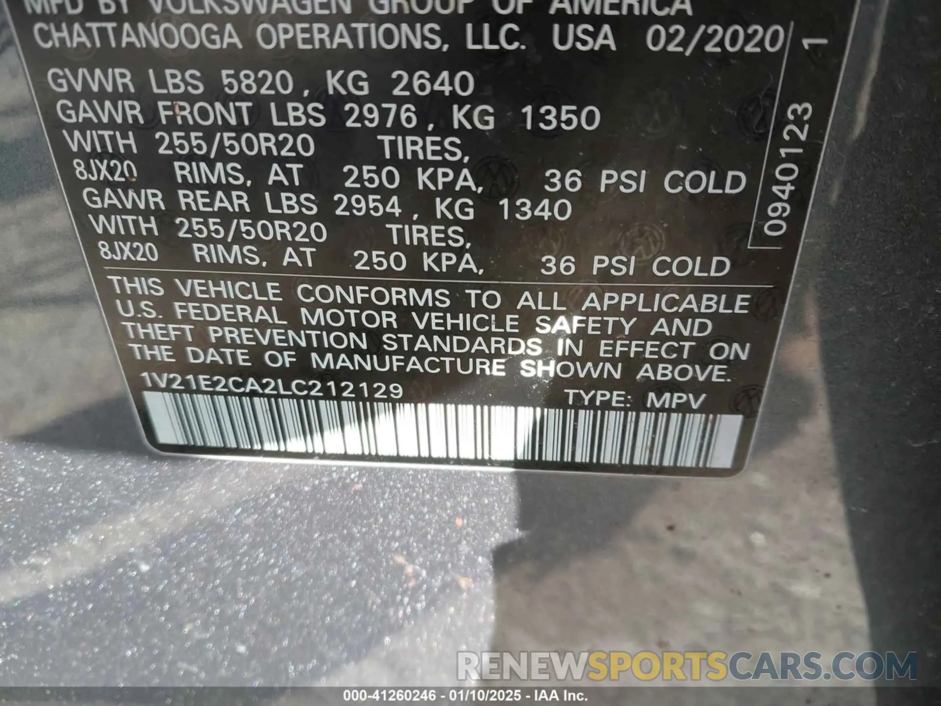 9 Photograph of a damaged car 1V21E2CA2LC212129 VOLKSWAGEN ATLAS CROSS SPORT 2020