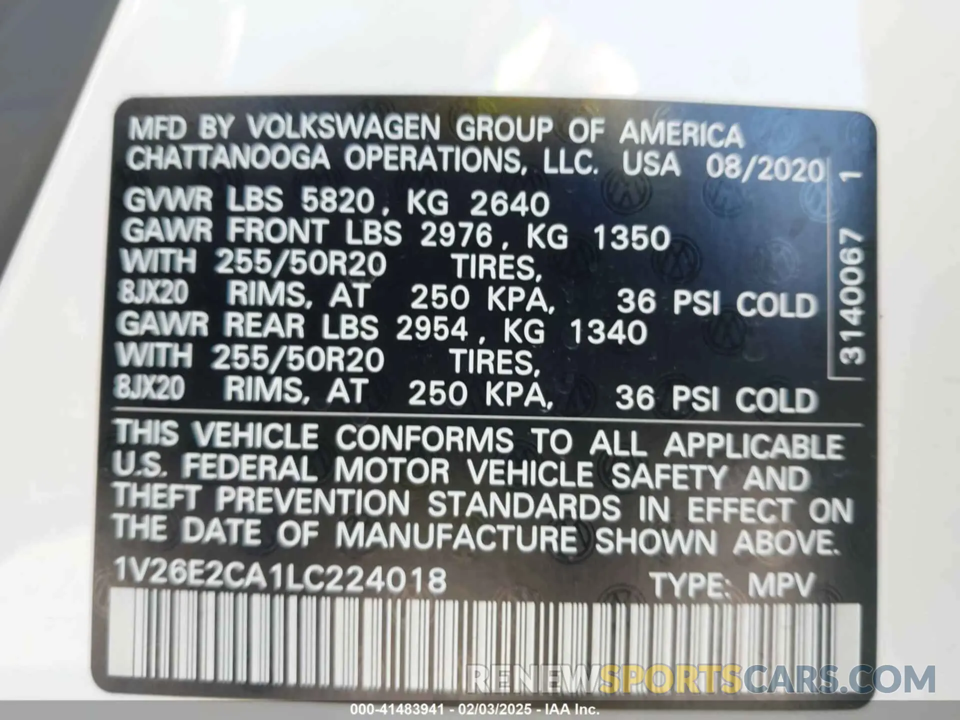 9 Photograph of a damaged car 1V26E2CA1LC224018 VOLKSWAGEN ATLAS CROSS SPORT 2020