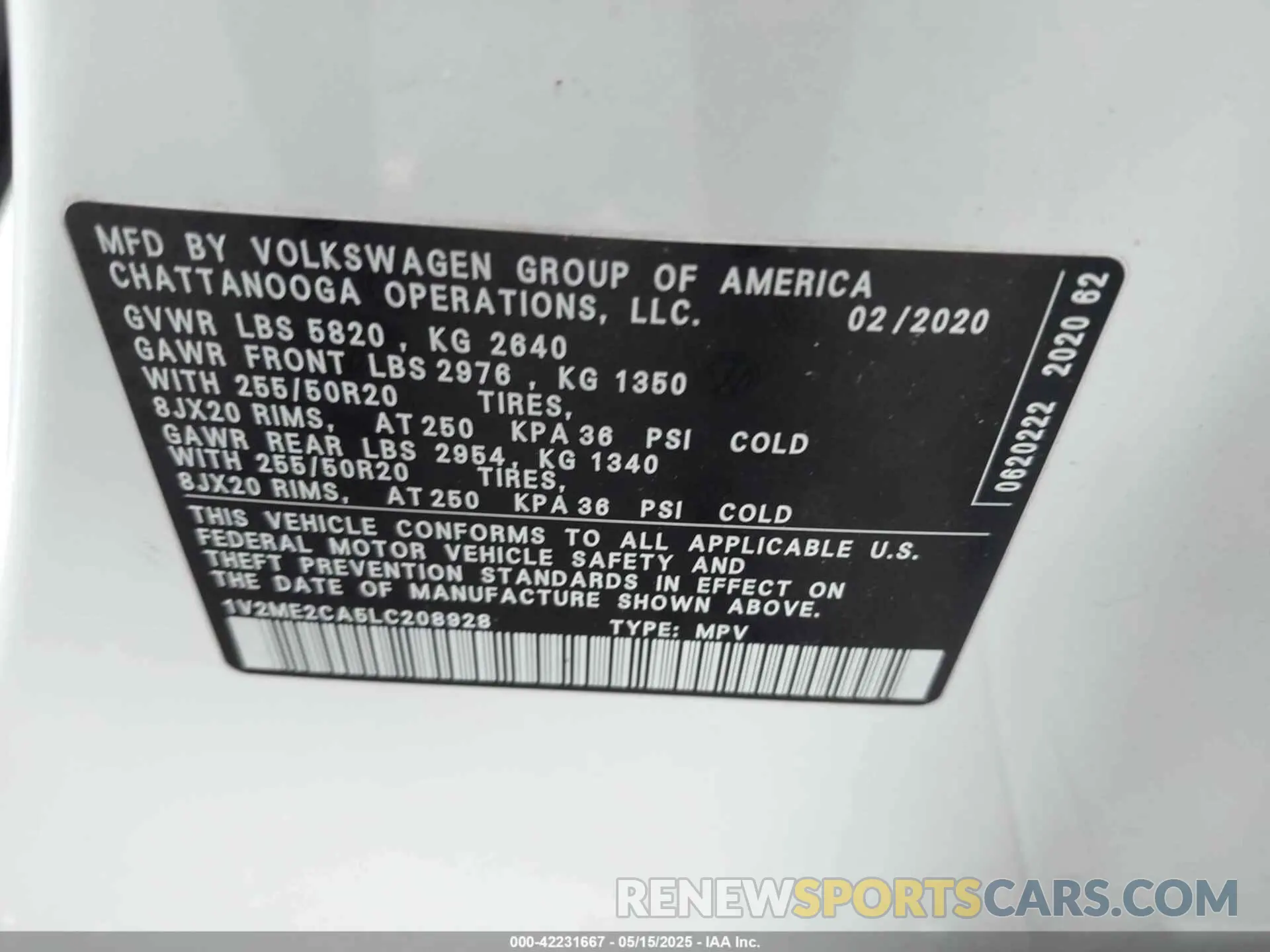 9 Photograph of a damaged car 1V2ME2CA5LC208928 VOLKSWAGEN ATLAS CROSS SPORT 2020