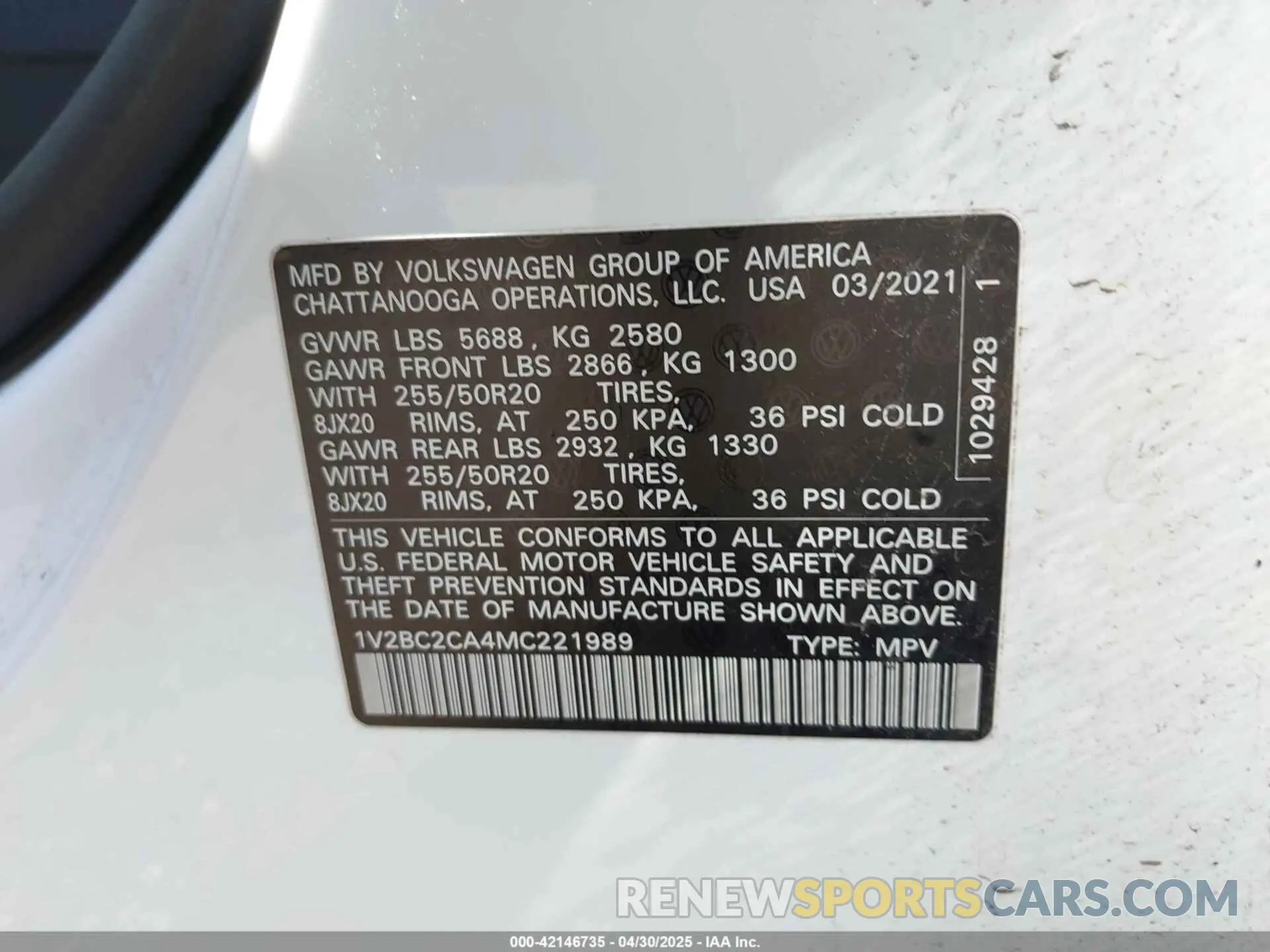 9 Photograph of a damaged car 1V2BC2CA4MC221989 VOLKSWAGEN ATLAS CROSS SPORT 2021