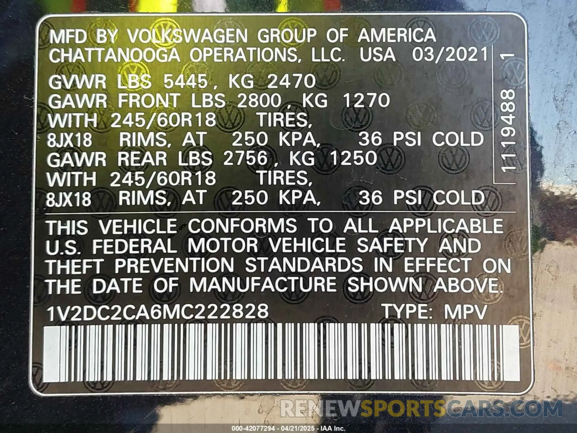 9 Photograph of a damaged car 1V2DC2CA6MC222828 VOLKSWAGEN ATLAS CROSS SPORT 2021