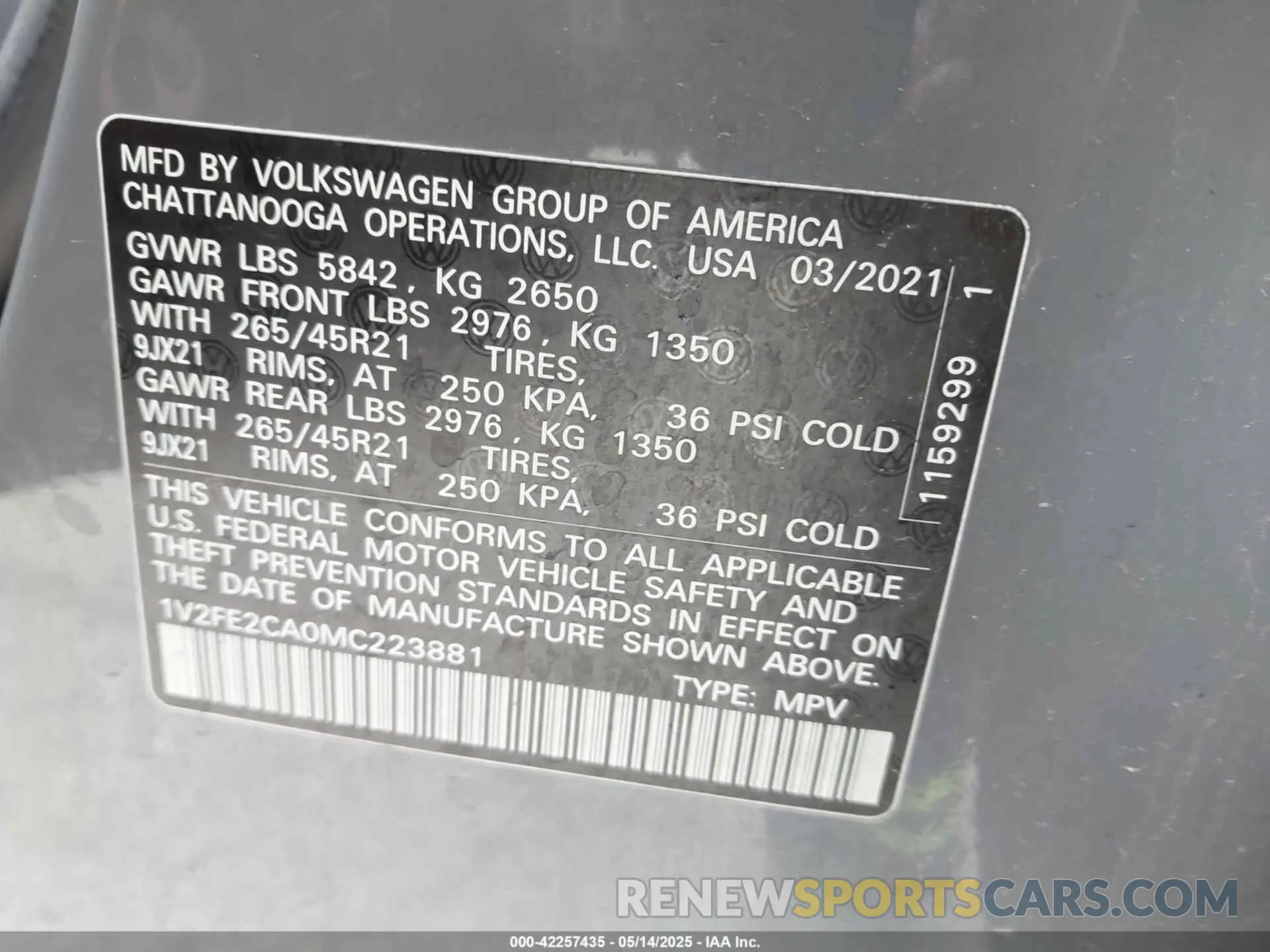 9 Photograph of a damaged car 1V2FE2CA0MC223881 VOLKSWAGEN ATLAS CROSS SPORT 2021