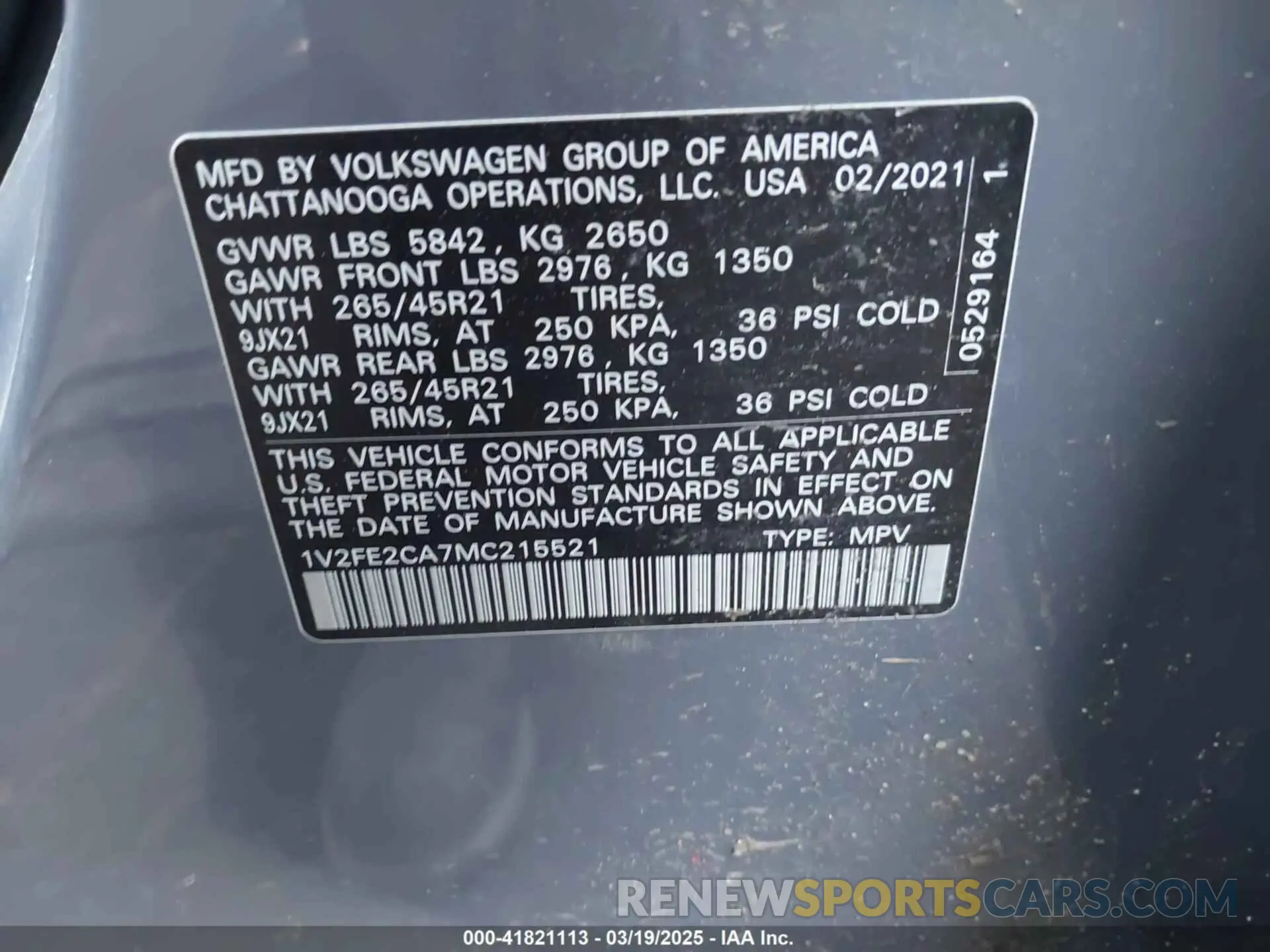 9 Photograph of a damaged car 1V2FE2CA7MC215521 VOLKSWAGEN ATLAS CROSS SPORT 2021