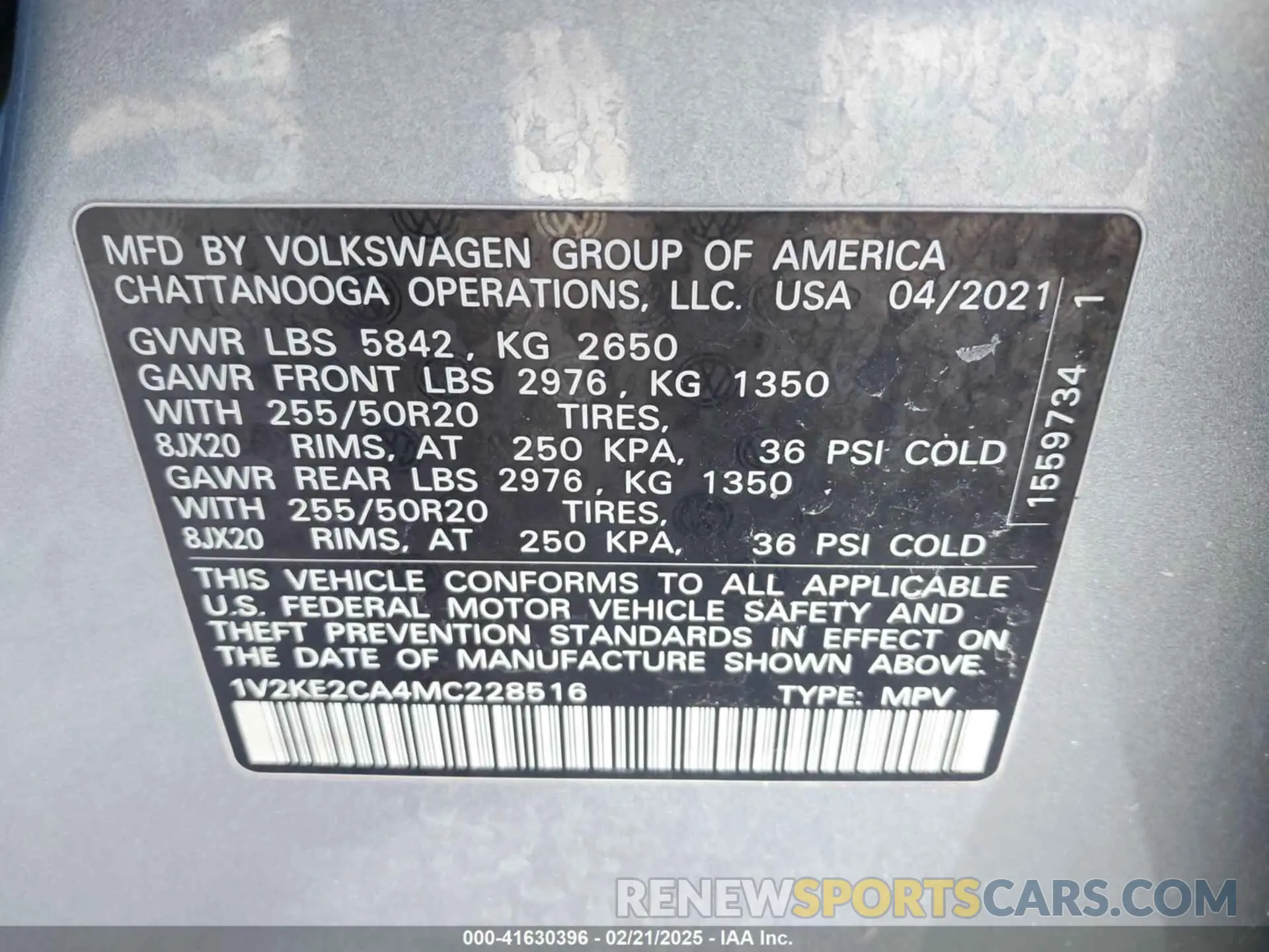 9 Photograph of a damaged car 1V2KE2CA4MC228516 VOLKSWAGEN ATLAS CROSS SPORT 2021