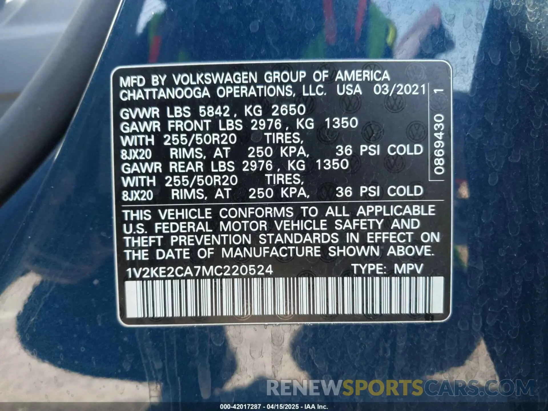 9 Photograph of a damaged car 1V2KE2CA7MC220524 VOLKSWAGEN ATLAS CROSS SPORT 2021