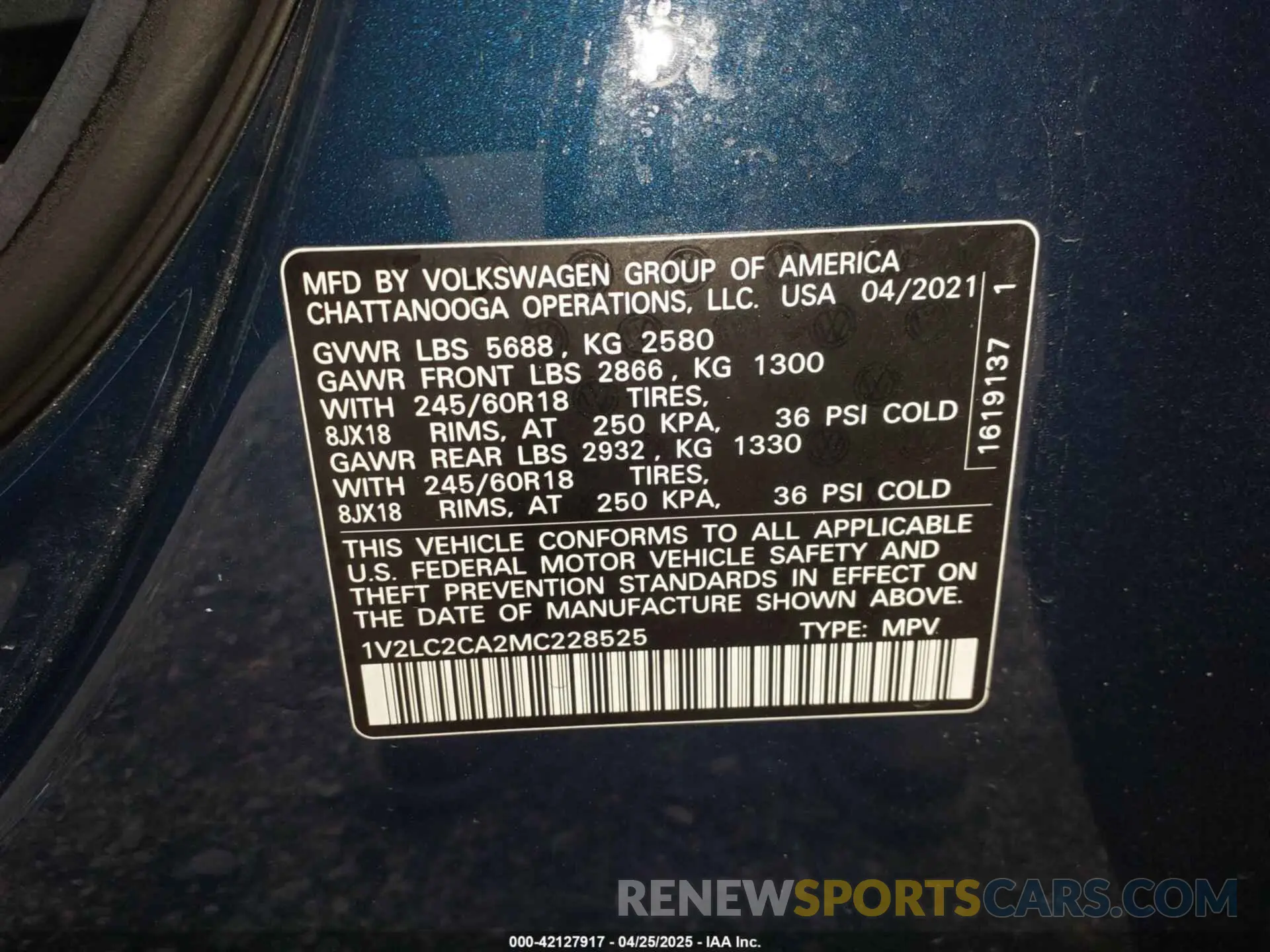 9 Photograph of a damaged car 1V2LC2CA2MC228525 VOLKSWAGEN ATLAS CROSS SPORT 2021