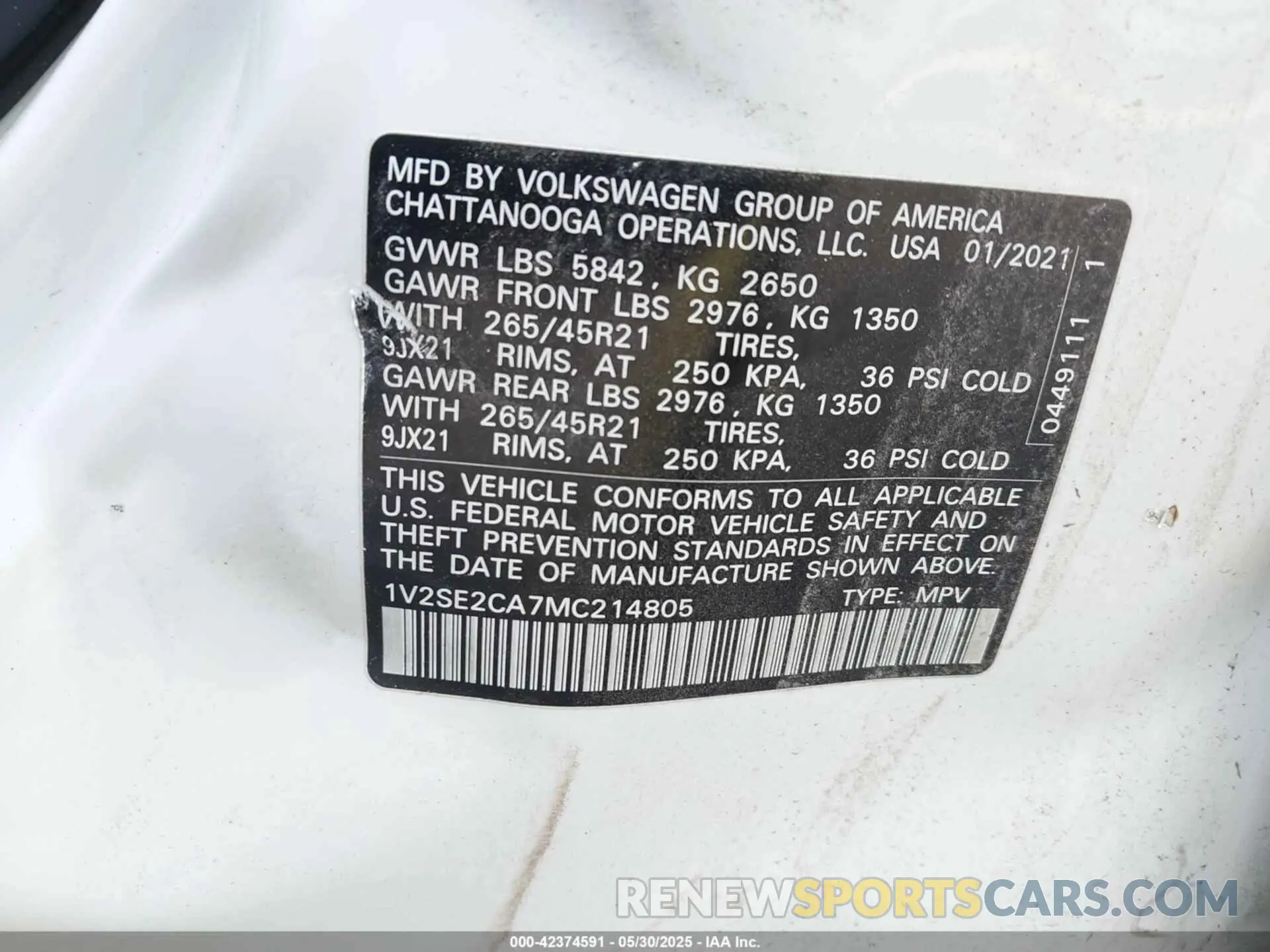 9 Photograph of a damaged car 1V2SE2CA7MC214805 VOLKSWAGEN ATLAS CROSS SPORT 2021