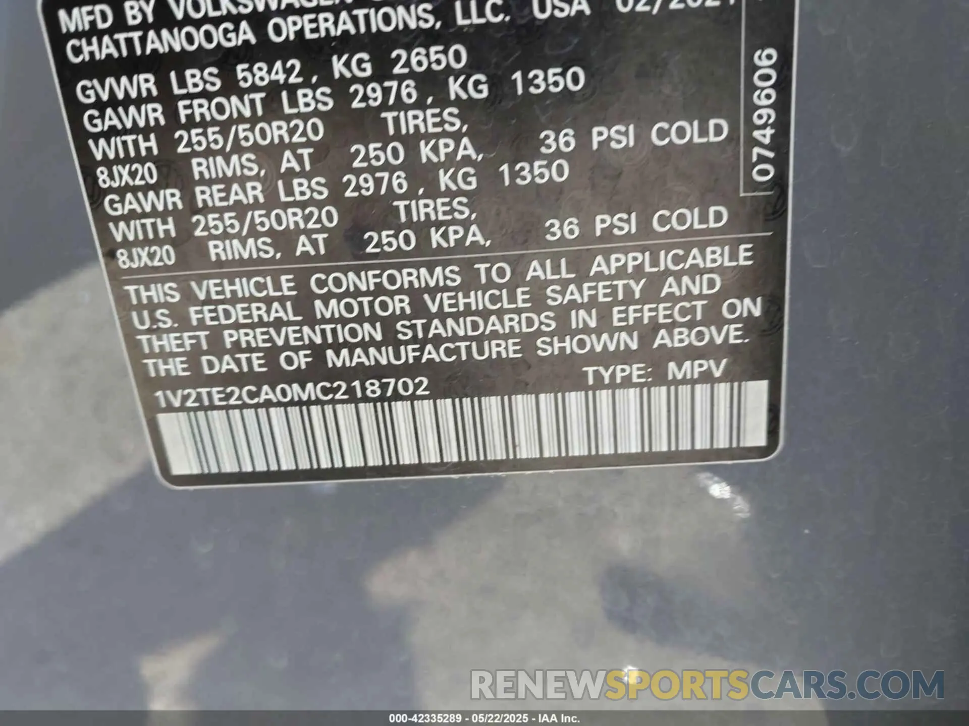 9 Photograph of a damaged car 1V2TE2CA0MC218702 VOLKSWAGEN ATLAS CROSS SPORT 2021