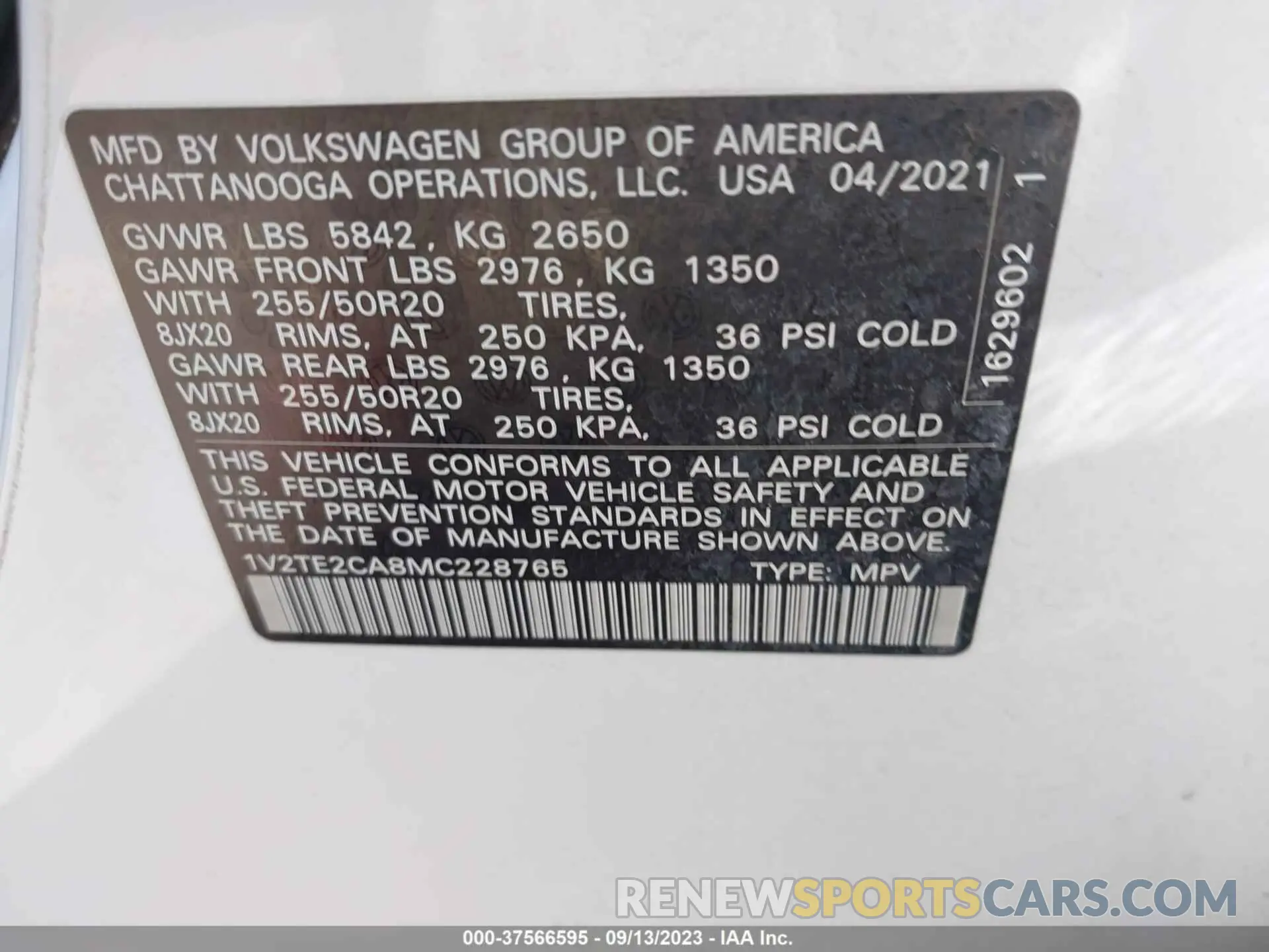 9 Photograph of a damaged car 1V2TE2CA8MC228765 VOLKSWAGEN ATLAS CROSS SPORT 2021
